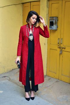 Wedding Luxe | Stage3 | Akanksha Redhu | full front jacket open Long Over Coats On Kurtis, Sabyasachi Mukherjee, Red Kurta, Clothing Studio, Salwar Kamiz, Open Jacket, Kurti Designs Party Wear, Kurta Designs Women, Indian Attire