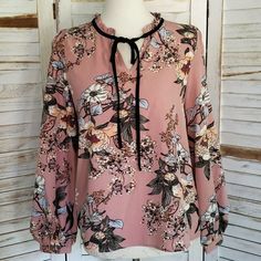 Measurements P2p 18" Sleeve 24" Length 23" Black Long Sleeve Top With Rose Print, Pink Ruffle Sleeve Top With Floral Print, Pink Floral Print Button-up Top, Applique Blouse, Pink Floral Print Top With 3/4 Sleeves, Casual Pink Rose Print T-shirt, Women Floral Blouse, Blue Floral Blouse, Long Sleeve Floral Top