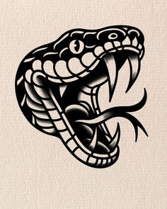 a black and white drawing of a snake's head with its mouth open, showing teeth