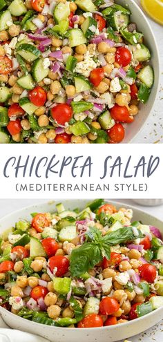 chickpea salad with tomatoes, cucumber and red onion in a white bowl