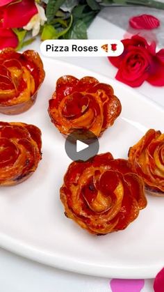 four small pastries on a white plate with flowers in the background and text overlay that reads pizza roses