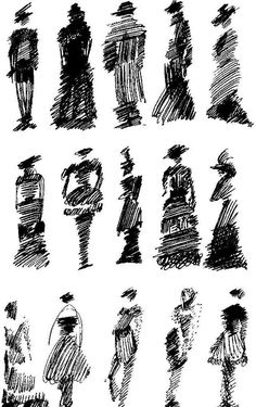 a bunch of black and white sketches of people