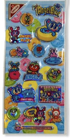 a package of stickers with cartoon characters on it's back and the words, angel