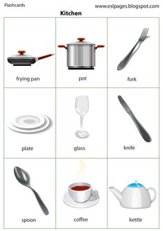 kitchen utensils are shown with names and pictures for each item in the image