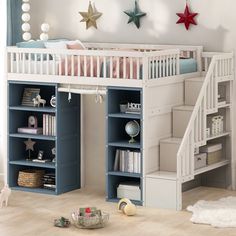 a child's bedroom with bunk beds, stairs and bookshelves in it