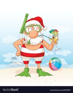 a cartoon santa claus on the beach with a glass of wine and a cocktail in his hand