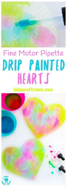 two pictures with the words fine motor pipe drip painted hearts