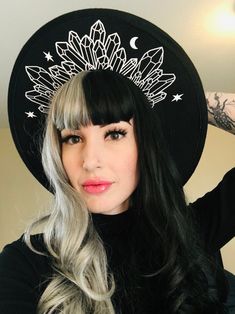 "Welcome to Witchwood's brand new XL wide brim hats! These hats have our biggest brim yet! They are made of sturdy vegan felt and are all hand printed.   Vegan Felt Size: 23\" (but size is adjustable and can be sized down, inside the hat) PLEASE NOTE: These hats have a bit more \"give\" to the circumference and can fit a slightly bigger size than our other wide brim hats Brim - 3.75\" wide Hat Color - Black Print Color - White" Goth Hat, Cowgirl Tattoos, Wide Hat, Goth Witch, Wide Brim Hats, Hat Beret, Brim Hats, Wide Brim Fedora, Unique Hats