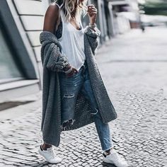 Snap Front Plain Casual Cardigans Mikutas Style, Outfit Gilet, Long Sweater Coat, Grey Knit Cardigan, Knit Denim, Outfit Trends, Casual Cardigans, Cardigan Long