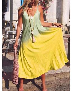 Women Bohemian Casual V Neck Sleeveless Maxi Dresses Bohemian A-line Sleeveless Summer Dress, Bohemian A-line Sleeveless Dress For The Beach, Bohemian Sleeveless Midi Dress For Summer, Bohemian A-line Sleeveless Dress For Spring, Bohemian Sleeveless A-line Summer Dress, Green Flowy Sleeveless Summer Dress, Casual Yellow Sleeveless Dress For Beach Season, Bohemian A-line Maxi Dress For Summer, Green Bohemian Sleeveless Dress For Spring