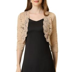 Featuring with a 3/4 sleeve form, open front and sheer floral lace fabric. A flattering lace hem and beautiful floral pattern puts a pretty detailings on our top, making it perfect for a weekday meeting or night out. Constructed in a classic shrug silhouette, this charming piece benefits from an open neck and elegant three-quarter flute sleeves with scallop edging. Pair with your favorite skirt for a effortless and chic look. Occasion: Weekend Gathing, Shopping, etc. Please check your measuremen Fitted Shrug With Lace Sleeves For Spring, Elegant Long Sleeve Lace Trim Cardigan, Spring Fitted Shrug With Lace Trim, Evening Shrug With Lace Trim, Long Sleeve Lace Shrug With Lace Trim, Lace Crochet Cardigan, Lace Shrug, Lace Hem, Chiffon Ruffle