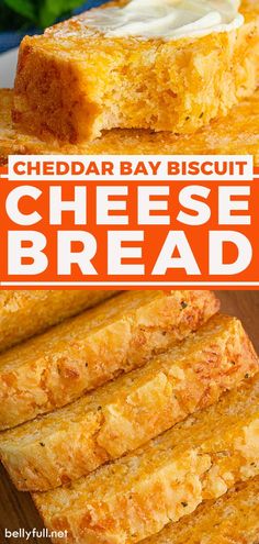 cheddar bay biscuit cheese bread is cut in half and stacked on top of each other