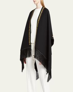 Etro Mantella shawl in wool    Features embroidered accents     Open front     Side vents     Asymmetrical hem     Fringe trim     Dry clean    Made in Italy Fringe Shawl, Fabric Scarf, Embroidered Scarf, Embroidered Wool, Cashmere Shawl, Fringe Scarf, Wool Shawl, Silk Wool, Fringe Trim