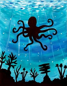 an octopus is swimming in the ocean with blue water and stars on it's sky