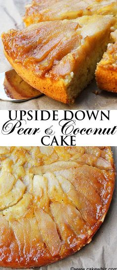 upside down pear and coconut cake with text overlay