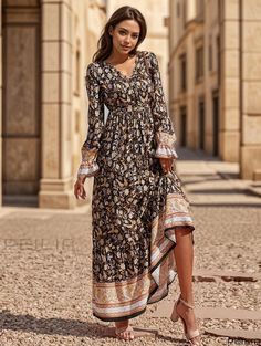 Peilia - Bohemian V-Neck Maxi Dress with Floral Print and High Waist - Womens Elegant Attire Black Boho Print V-neck Dress, Festival Boho Dress With V-neck And Printed Details, Brown V-neck Boho Dress For Festival, Bohemian Brown V-neck Boho Dress, Printed V-neck Boho Hippie Dress, Hippie Printed Boho Dress With V-neck, Black V-neck Maxi Dress With Boho Print, Hippie Boho Dress With V-neck Print, Patterned Flowy V-neck Boho Dress