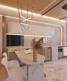 a modern kitchen with marble counter tops and white chairs