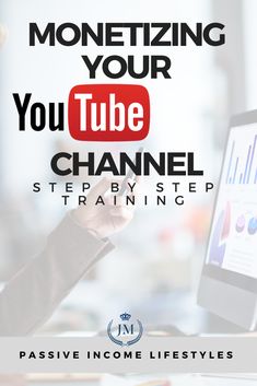 a woman holding up a computer screen with the words monetizing your youtube channel on it