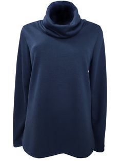 a women's blue sweater with a cow neck