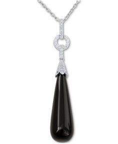 Dramatic black agate drops are suspended from a surmount encrusted with Swarovski zirconia pave to create this beautiful silver pendant necklace. Elegant Onyx Necklace With Black Enamel, Elegant Sterling Silver Necklaces With Black Enamel, Elegant Black Enamel Pendant Necklace, Elegant Onyx Necklace With Polished Finish, Elegant Black Jewelry With Detachable Pendant, Elegant Onyx Necklace For Formal Occasions, Elegant Macy's Pendant Necklace, Luxury Sterling Silver Drop Necklace For Formal Occasions, Luxury Sterling Silver Drop Necklace For Formal Events