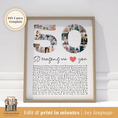 a 50th birthday card with the words 50 years and pictures on it in front of a white wall