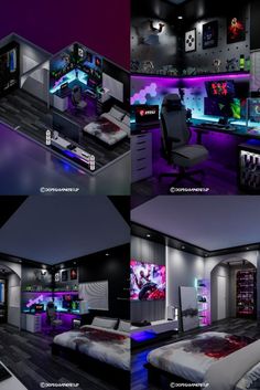 four different shots of a bedroom with purple lighting