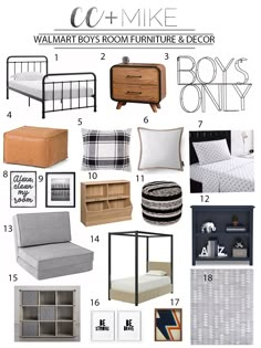 a collage of furniture and decor items with the words co + mike walmart boys'room furniture & decor