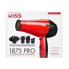 Experience a powerful, yet lightweight drying sensation with the KISS 1875 Pro Tourmaline Ceramic Blow Dryer. Fast and easy drying allows hair to stay soft and silky while the Tourmaline Ceramic Technology helps eliminate frizz. High rotation 1875 Watt DC motor delivers maximum drying power with a cool-shot bottom to lock in your style. Ergonomic handle and hanging loop make for easy storage. Dryer comes with 2 straightening piks, concentrator, diffuser & filter cap. Size: 23 oz.  Color: Red. Money Making Machine, Red Tourmaline, Stay Soft, Ceramic Hair, Salon Style, Fun Shots, The Kiss, Blow Dryer, Dc Motor