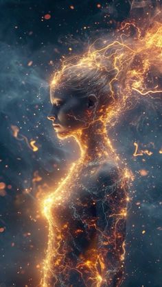 a woman is surrounded by fire and sparks in the dark blue sky, with her head turned to the left