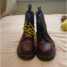 Cherry Red, Smooth Leather Lace Boots. Size 9. Only Worn A Few Times. Basically Brand New But It Does Have 2 Little Marks, Shown In Pictures. And I Have Two Different Color Laces To Add To The Order, Yellow And Black. Red Ankle Combat Boots For Fall, Red Lace-up Combat Boots For Winter, Red Casual Combat Boots With Round Toe, Casual Red Combat Boots With Round Toe, Casual Burgundy High-top Boots, Casual Red Lace-up Boots For Winter, Casual Red Lace-up Winter Boots, Burgundy Boots With Reinforced Heel And Round Toe, Casual Ankle-high Burgundy Boots