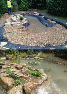 two pictures side by side, one with a pond and the other with rocks in it