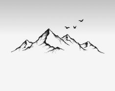 birds flying over the top of mountains in black and white ink on paper by artist mark taylor