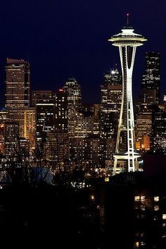 the seattle skyline is lit up at night