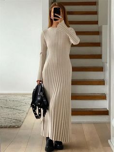 Lace-Up Female Knit Maxi Dress Autumn High Waist Fashion Patchwork Long Sleeve Loose Solid Dress Knit Dress Outfit Winter, Modest Winter Dresses, Winter Maxi Dress Outfit, Modest Winter Fashion, Long Knit Dress, Rib Knit Dress, Church Clothes, Maxi Dress Winter, Fashion Patchwork