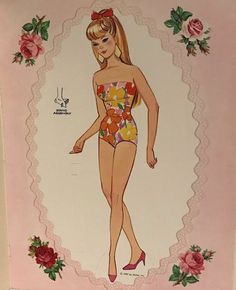 a drawing of a woman in a bathing suit with flowers on the bottom and sides