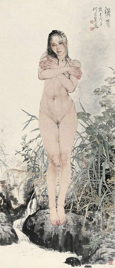 a nude woman standing on top of a rock next to plants and water with her arms crossed