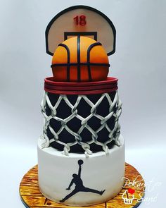 Basketball Tiered Cake, Jordan Basketball Cake, Boys 13th Birthday Cake, Basketball Torte, Basketball Cake Ideas, Jordan Cake, Basketball Birthday Cake, Basketball Theme Birthday, Basketball Theme Party