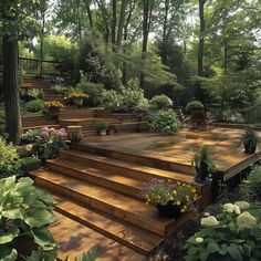 a wooden deck surrounded by flowers and trees