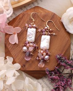 Baroque Pearl / Pink Amethyst Gemstone Dainty Floral Dangle Earrings // 14K Gold Filled Artisan Jewelry // Romantic Taro Themed Gift for Her - Etsy Handmade Feminine Earrings For Gift, Handmade Feminine Rose Gold Jewelry, Rectangular Pearl Drop Jewelry For Gifts, Elegant Pink Rectangular Earrings, Pink 14k Gold Filled Jewelry For Wedding, 14k Gold Filled Gemstone Earrings For Wedding, Elegant 14k Gold Filled Earrings With Natural Stones, Pink Natural Stones Wedding Earrings, Wedding Pink Earrings With Natural Stones