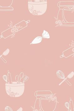 a pink wallpaper with white kitchen utensils