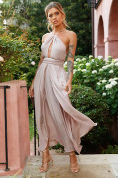 Athena High Split Maxi Dress Mocha by Selfie Leslie Halter Neck Maxi Dress With Split Design For Party, Spring Backless Maxi Dress With Back Zipper, Beige Maxi Dress For Summer Prom, Backless Beach Maxi Dress With Split Design, Backless Maxi Dress With Split Design For Beach, Summer Halter Neck Maxi Dress With Split Design, Spring Backless Maxi Dress With Split Design, Chic Backless Maxi Dress For Bridesmaids, Chic Halter Neck Dress With Split Design