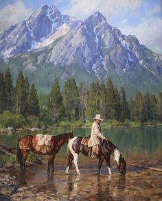 a painting of two horses and a man in front of a mountain lake with trees