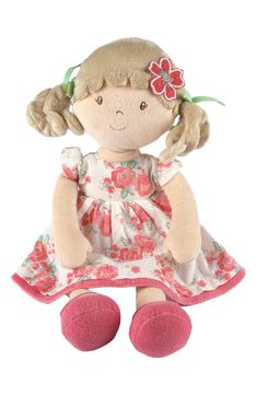 Your little one will love snuggling up with this soft doll dressed in removable clothes for easy cleaning and changing. 13.7" height Cotton/polyester Imported Asian Owned/Founded Curly Pigtails, Flower Kids, Beige Hair, Smelling Flowers, Personalized Dolls, Hair Ribbons, Hair Adornments, Kids Collection, Cloth Doll