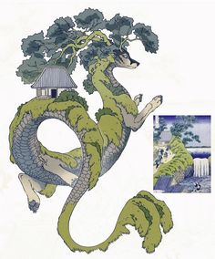 an image of a green dragon in front of a building and tree with its tail curled up