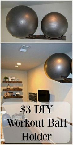 three photos with the words 3 diy workout ball holder above them and below it