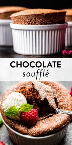 chocolate souffle with whipped cream and fresh raspberries