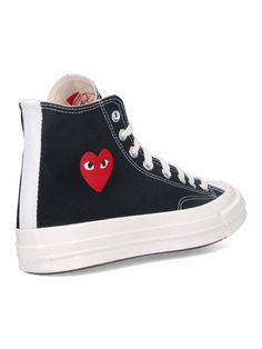 Comme des Garçons Play High Top Converse Chuck 70 sneakers in black cotton with round toe with contrasting white rubber detail, laces, red heart print on the side, and rubber sole. composition: 100% cotton White Cotton High-top Sneakers With Embroidered Logo, Cotton Canvas Shoes With Contrast Sole, Red Cotton Sneakers With Rubber Sole, High-top Cotton Sneakers With Embroidered Logo, Low-top Cotton Canvas Shoes With Embroidered Logo, Black Sporty High-top Sneakers With Embroidered Logo, Black High-top Sneakers With Embroidered Logo, Cotton High-top Sneakers With Embroidered Logo, Lace-up High-top Sneakers With Embroidered Logo