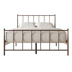 an iron bed frame with white sheets and pillows on it, against a white background