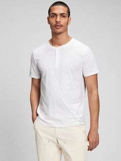 Lived-In Henley T-Shirt | Gap Factory White Casual Henley T-shirt, White Henley Neckline T-shirt Casual, White Henley Neckline Casual T-shirt, White Cotton Henley Neckline T-shirt, White Henley Neckline Cotton T-shirt, White Henley Neckline T-shirt For Summer, Casual White Henley For Summer, White Henley, Henley T Shirt