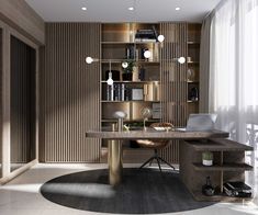 a room with a desk and shelves filled with books